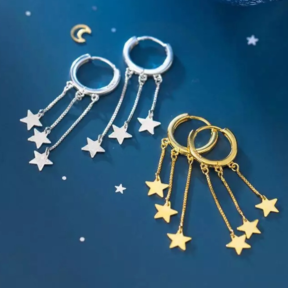 NEW 925 STERLING SILVER STAR TASSEL HOOP EARRINGS, NICE EARRINGS, CUTE EARRINGS - Picture 3 of 5